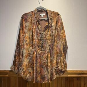 Coldwater Creek Women's Floral Popover Blouse Sz 1X Brown Fall Casual